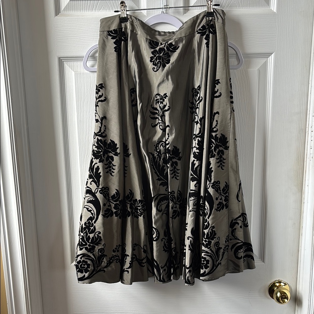 Silver and Black Flocked Velvet Floral Midi Full Skirt